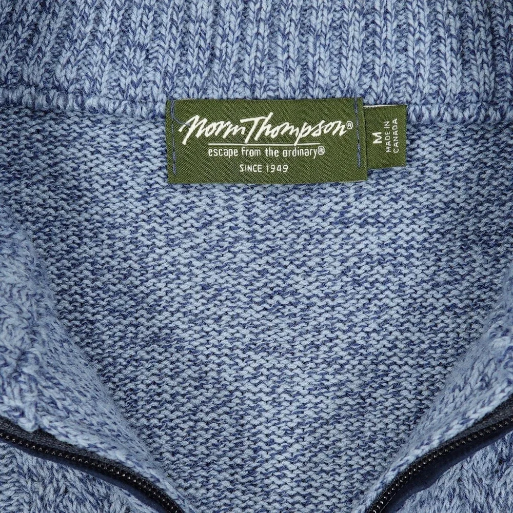 Norm Thompson Sweater Mens Medium Blue 1/4 Zip Mock Neck Elbow Patches Cotton